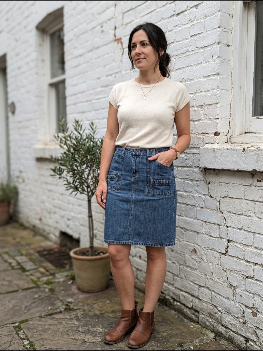 Bonjour Women's Classic Denim Pocket Cargo Jean Midi Skirt 90s Vintage
